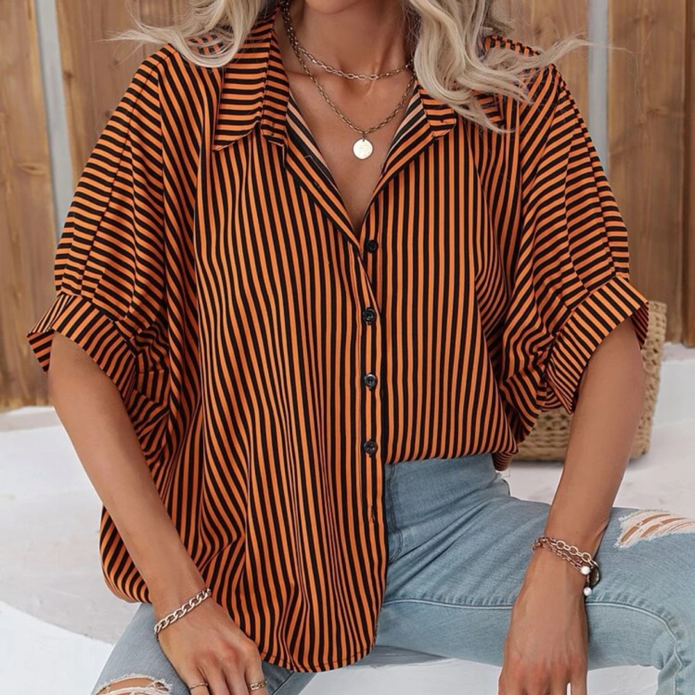Women’s striped orange button down blouse